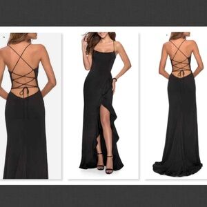NEW  La Femme Flutter Slit Trumpet Gown In Black  Size 8